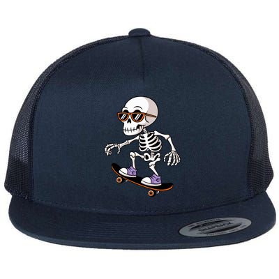 Cool Skeleton Riding Skateboard Halloween Flat Bill Trucker Hat