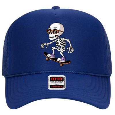 Cool Skeleton Riding Skateboard Halloween High Crown Mesh Back Trucker Hat