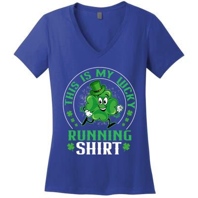 Cute Shamrock Running St Patricks Day Lucky Running Team Gift Women's V-Neck T-Shirt