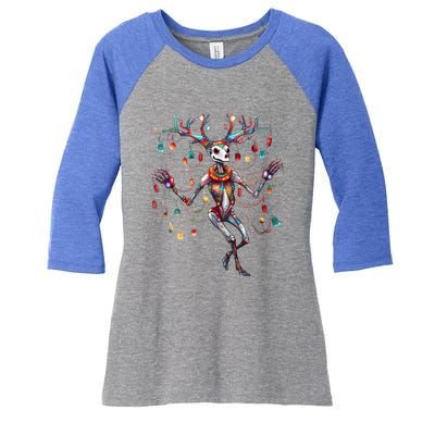 Christmas Skeleton Reindeer Dancing Matching Pajamas Xmas Cute Gift Women's Tri-Blend 3/4-Sleeve Raglan Shirt