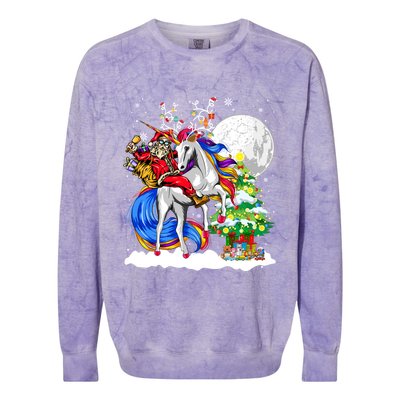 Christmas Santa Riding Reindeer Unicorn Snow Xmas Tree Cute Gift Colorblast Crewneck Sweatshirt