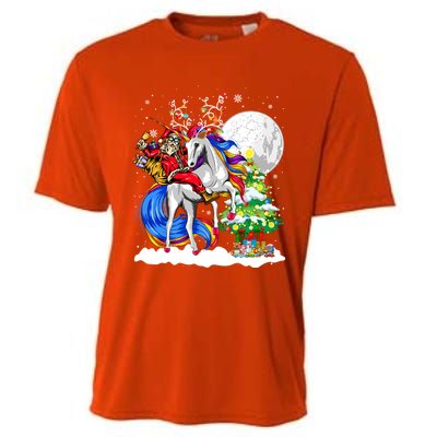 Christmas Santa Riding Reindeer Unicorn Snow Xmas Tree Cute Gift Cooling Performance Crew T-Shirt