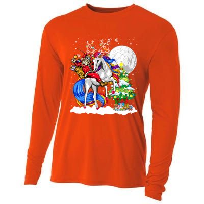 Christmas Santa Riding Reindeer Unicorn Snow Xmas Tree Cute Gift Cooling Performance Long Sleeve Crew