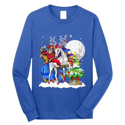 Christmas Santa Riding Reindeer Unicorn Snow Xmas Tree Cute Gift Long Sleeve Shirt