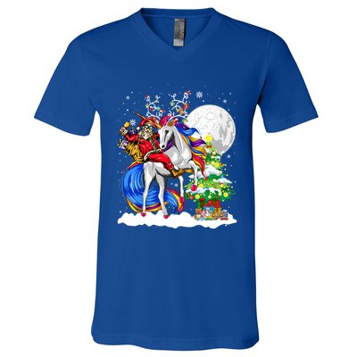 Christmas Santa Riding Reindeer Unicorn Snow Xmas Tree Cute Gift V-Neck T-Shirt