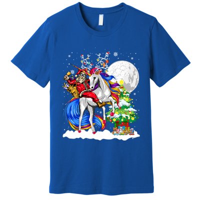 Christmas Santa Riding Reindeer Unicorn Snow Xmas Tree Cute Gift Premium T-Shirt