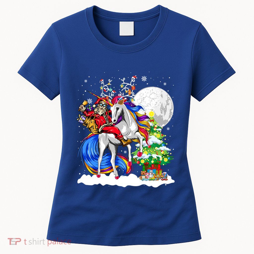 Christmas Santa Riding Reindeer Unicorn Snow Xmas Tree Cute Gift Womens T-Shirt