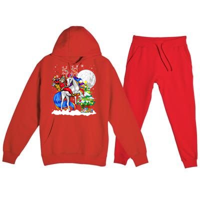 Christmas Santa Riding Reindeer Unicorn Snow Xmas Tree Cute Gift Premium Hooded Sweatsuit Set