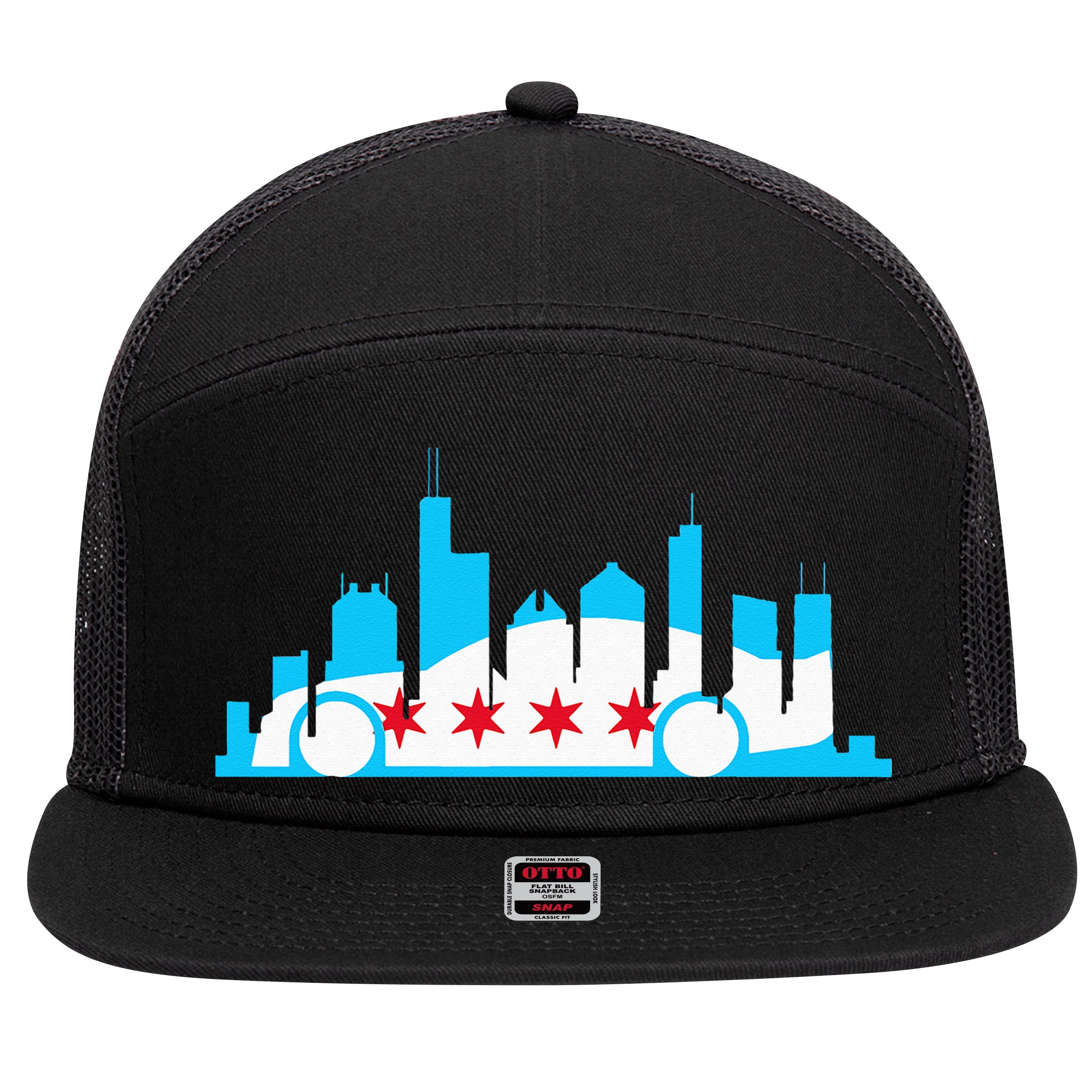 Chicago Skyline Race Car Chicago Flag 7 Panel Mesh Trucker Snapback Hat