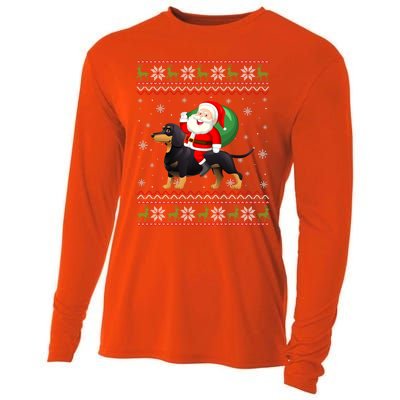 Christmas Santa Riding Dachshund Dog Funny Ugly Xmas Sweater Great Gift Cooling Performance Long Sleeve Crew