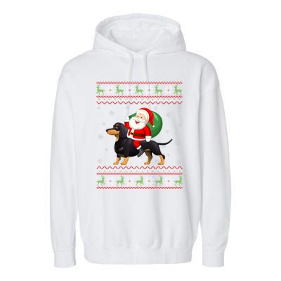 Christmas Santa Riding Dachshund Dog Funny Ugly Xmas Sweater Great Gift Garment-Dyed Fleece Hoodie