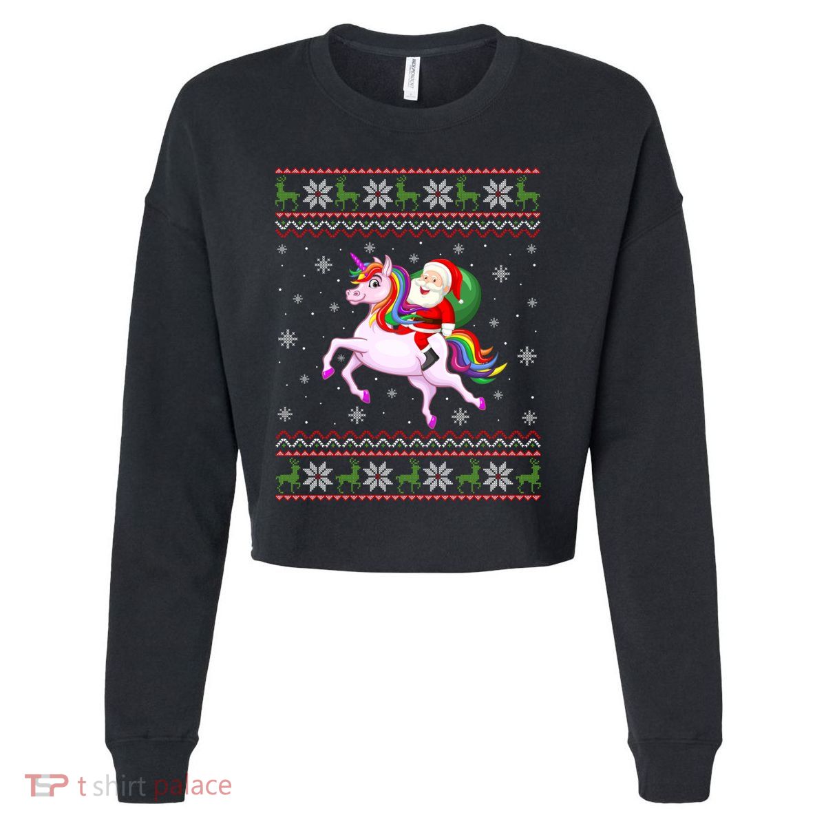 Christmas Santa Riding Unicorn Funny Ugly Xmas Sweater Gift Cropped Pullover Crew