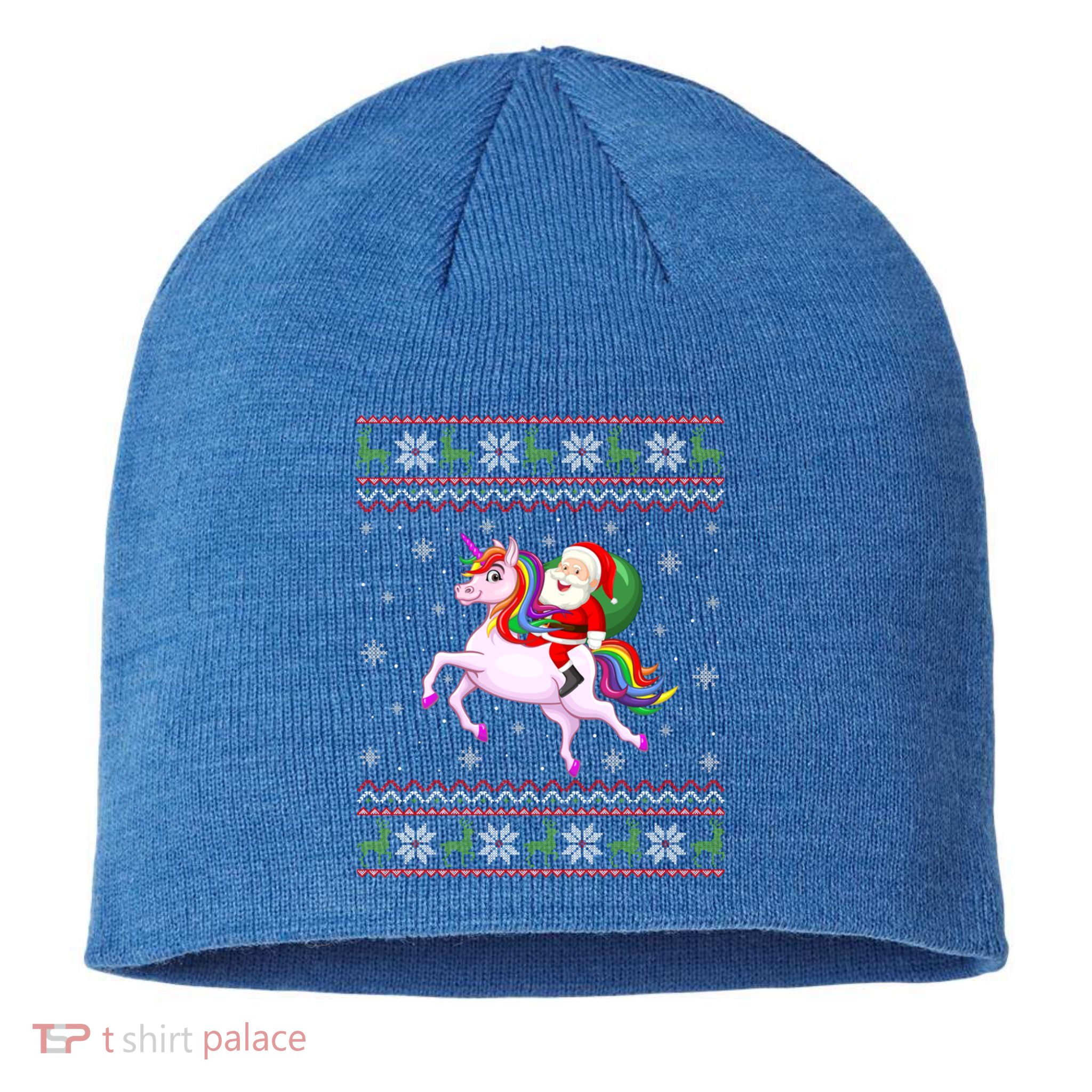 Christmas Santa Riding Unicorn Funny Ugly Xmas Sweater Gift Sustainable Beanie