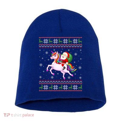 Christmas Santa Riding Unicorn Funny Ugly Xmas Sweater Gift Short Acrylic Beanie