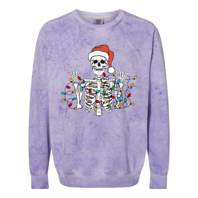 Christmas Skeleton Rocker Wrapped in Xmas Lights Santa Hat Colorblast Crewneck Sweatshirt