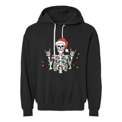 Christmas Skeleton Rocker Wrapped in Xmas Lights Santa Hat Garment-Dyed Fleece Hoodie