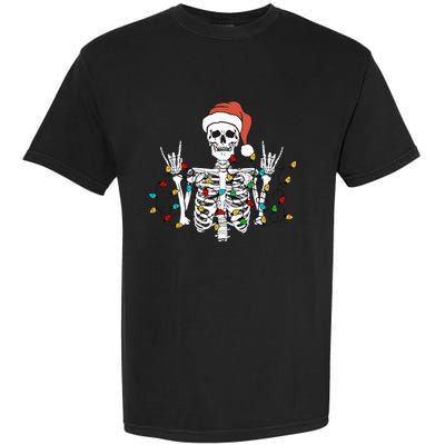 Christmas Skeleton Rocker Wrapped in Xmas Lights Santa Hat Garment-Dyed Heavyweight T-Shirt