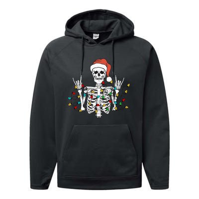 Christmas Skeleton Rocker Wrapped in Xmas Lights Santa Hat Performance Fleece Hoodie