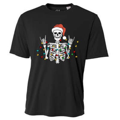 Christmas Skeleton Rocker Wrapped in Xmas Lights Santa Hat Cooling Performance Crew T-Shirt