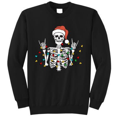 Christmas Skeleton Rocker Wrapped in Xmas Lights Santa Hat Sweatshirt