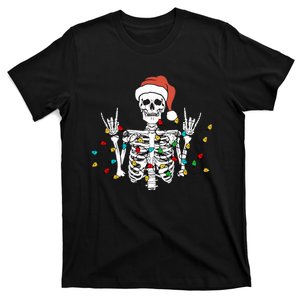 Christmas Skeleton Rocker Wrapped in Xmas Lights Santa Hat T-Shirt