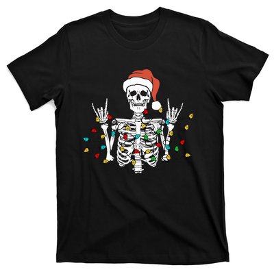 Christmas Skeleton Rocker Wrapped in Xmas Lights Santa Hat T-Shirt