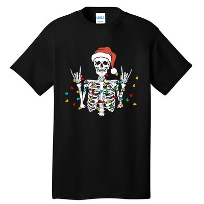 Christmas Skeleton Rocker Wrapped in Xmas Lights Santa Hat Tall T-Shirt