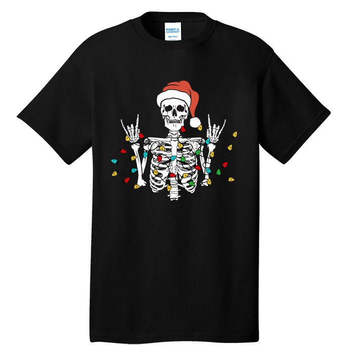 Christmas Skeleton Rocker Wrapped in Xmas Lights Santa Hat Tall T-Shirt