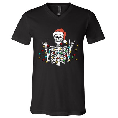 Christmas Skeleton Rocker Wrapped in Xmas Lights Santa Hat V-Neck T-Shirt