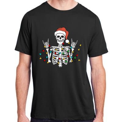 Christmas Skeleton Rocker Wrapped in Xmas Lights Santa Hat Adult ChromaSoft Performance T-Shirt