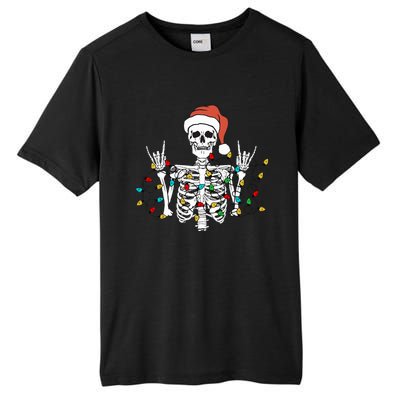 Christmas Skeleton Rocker Wrapped in Xmas Lights Santa Hat Tall Fusion ChromaSoft Performance T-Shirt