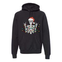 Christmas Skeleton Rocker Wrapped in Xmas Lights Santa Hat Premium Hoodie