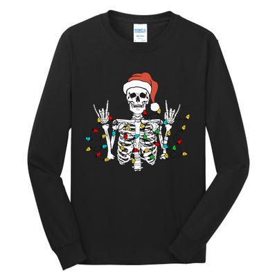 Christmas Skeleton Rocker Wrapped in Xmas Lights Santa Hat Tall Long Sleeve T-Shirt