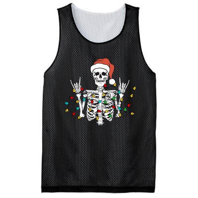 Christmas Skeleton Rocker Wrapped in Xmas Lights Santa Hat Mesh Reversible Basketball Jersey Tank