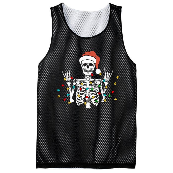 Christmas Skeleton Rocker Wrapped in Xmas Lights Santa Hat Mesh Reversible Basketball Jersey Tank