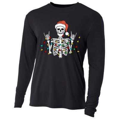 Christmas Skeleton Rocker Wrapped in Xmas Lights Santa Hat Cooling Performance Long Sleeve Crew