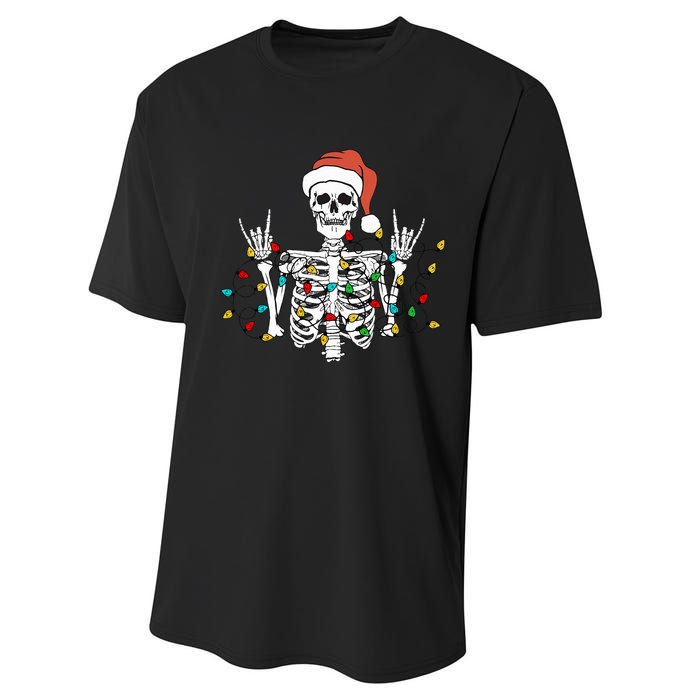 Christmas Skeleton Rocker Wrapped in Xmas Lights Santa Hat Performance Sprint T-Shirt