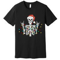 Christmas Skeleton Rocker Wrapped in Xmas Lights Santa Hat Premium T-Shirt