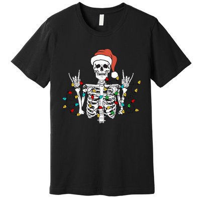 Christmas Skeleton Rocker Wrapped in Xmas Lights Santa Hat Premium T-Shirt