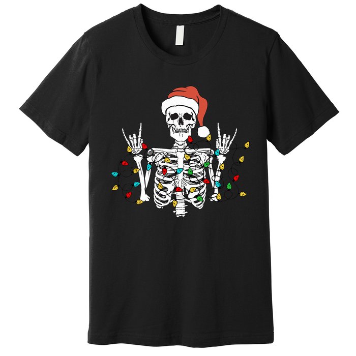 Christmas Skeleton Rocker Wrapped in Xmas Lights Santa Hat Premium T-Shirt