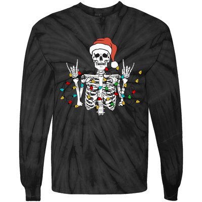 Christmas Skeleton Rocker Wrapped in Xmas Lights Santa Hat Tie-Dye Long Sleeve Shirt