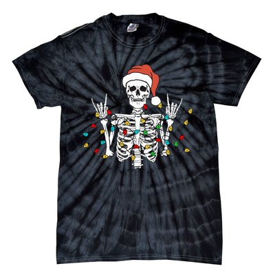 Christmas Skeleton Rocker Wrapped in Xmas Lights Santa Hat Tie-Dye T-Shirt