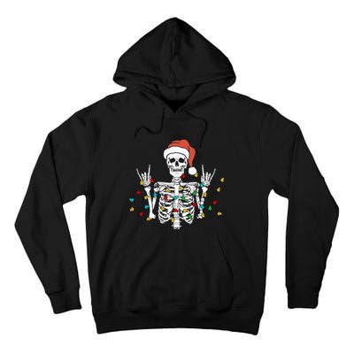 Christmas Skeleton Rocker Wrapped in Xmas Lights Santa Hat Tall Hoodie