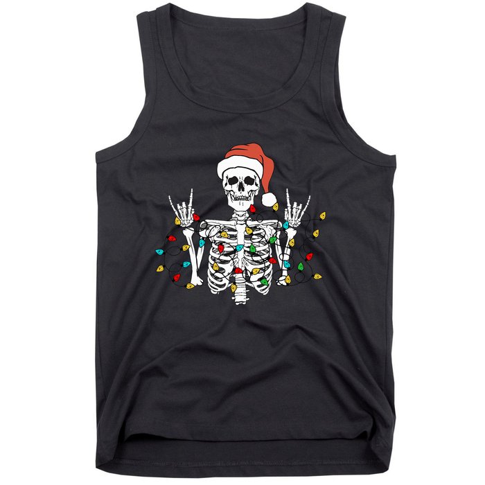 Christmas Skeleton Rocker Wrapped in Xmas Lights Santa Hat Tank Top