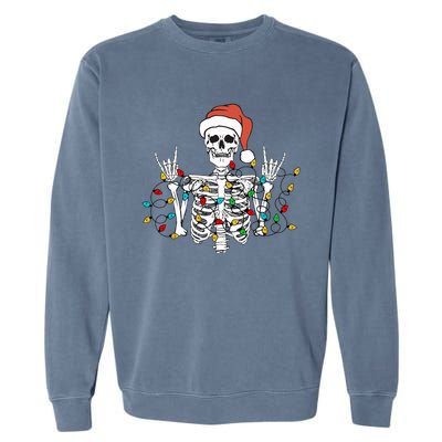 Christmas Skeleton Rocker Wrapped in Xmas Lights Santa Hat Garment-Dyed Sweatshirt