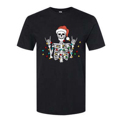 Christmas Skeleton Rocker Wrapped in Xmas Lights Santa Hat Softstyle CVC T-Shirt