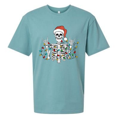 Christmas Skeleton Rocker Wrapped in Xmas Lights Santa Hat Sueded Cloud Jersey T-Shirt