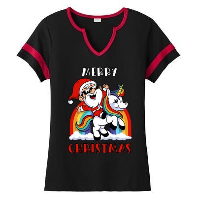 Christmas Santa Riding Unicorn Merry Christmas Funny Xmas Gift Ladies Halftime Notch Neck Tee