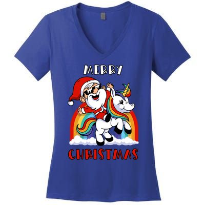 Christmas Santa Riding Unicorn Merry Christmas Funny Xmas Gift Women's V-Neck T-Shirt