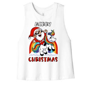 Christmas Santa Riding Unicorn Merry Christmas Funny Xmas Gift Women's Racerback Cropped Tank